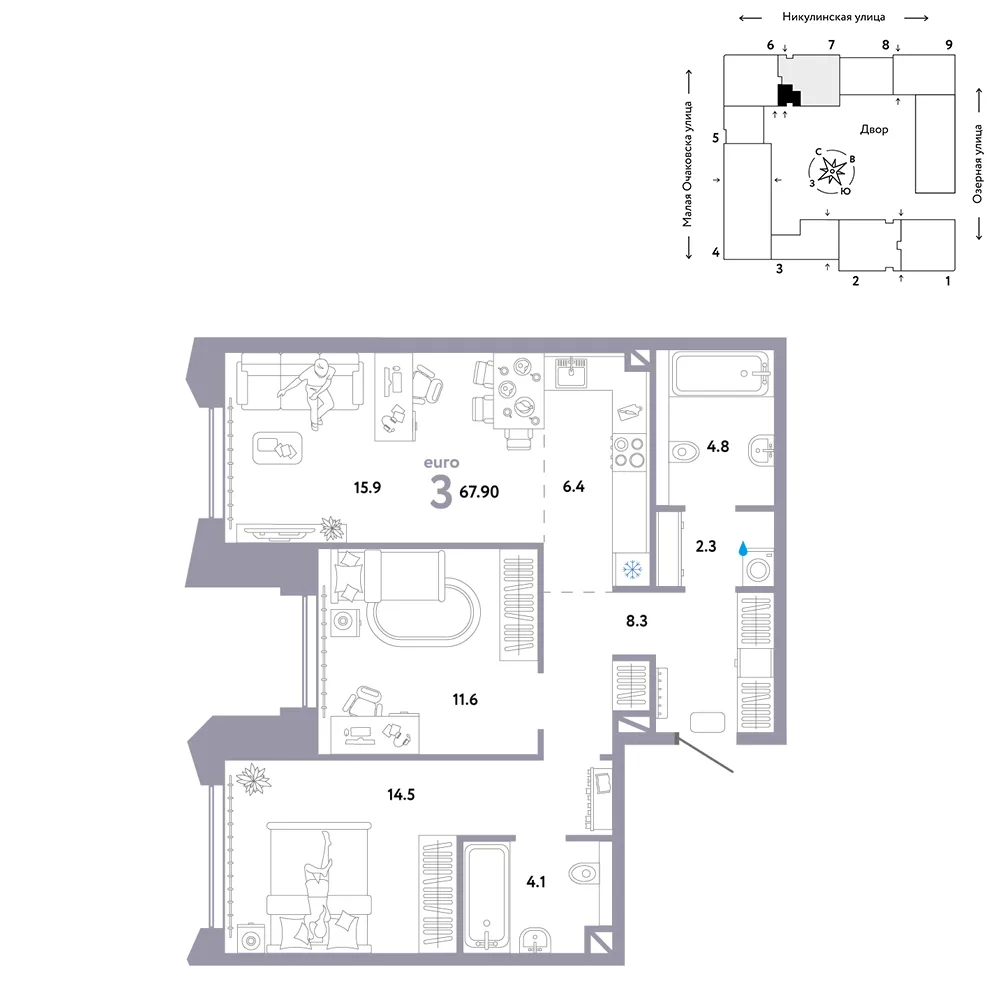 Планировка 3-комн. квартира, 67.9 м² ЖК «Страна.Озёрная»