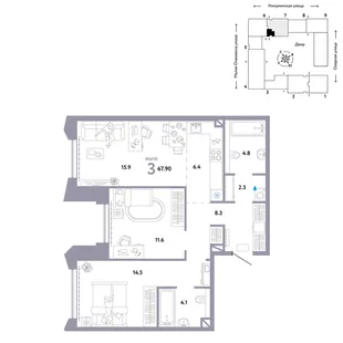 Планировка 3-комн. квартира, 67.9 м² ЖК «Страна.Озёрная»
