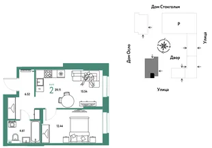 Планировка 2-комн. квартира, 39.11 м² ЖК «Европейский берег 2.0»