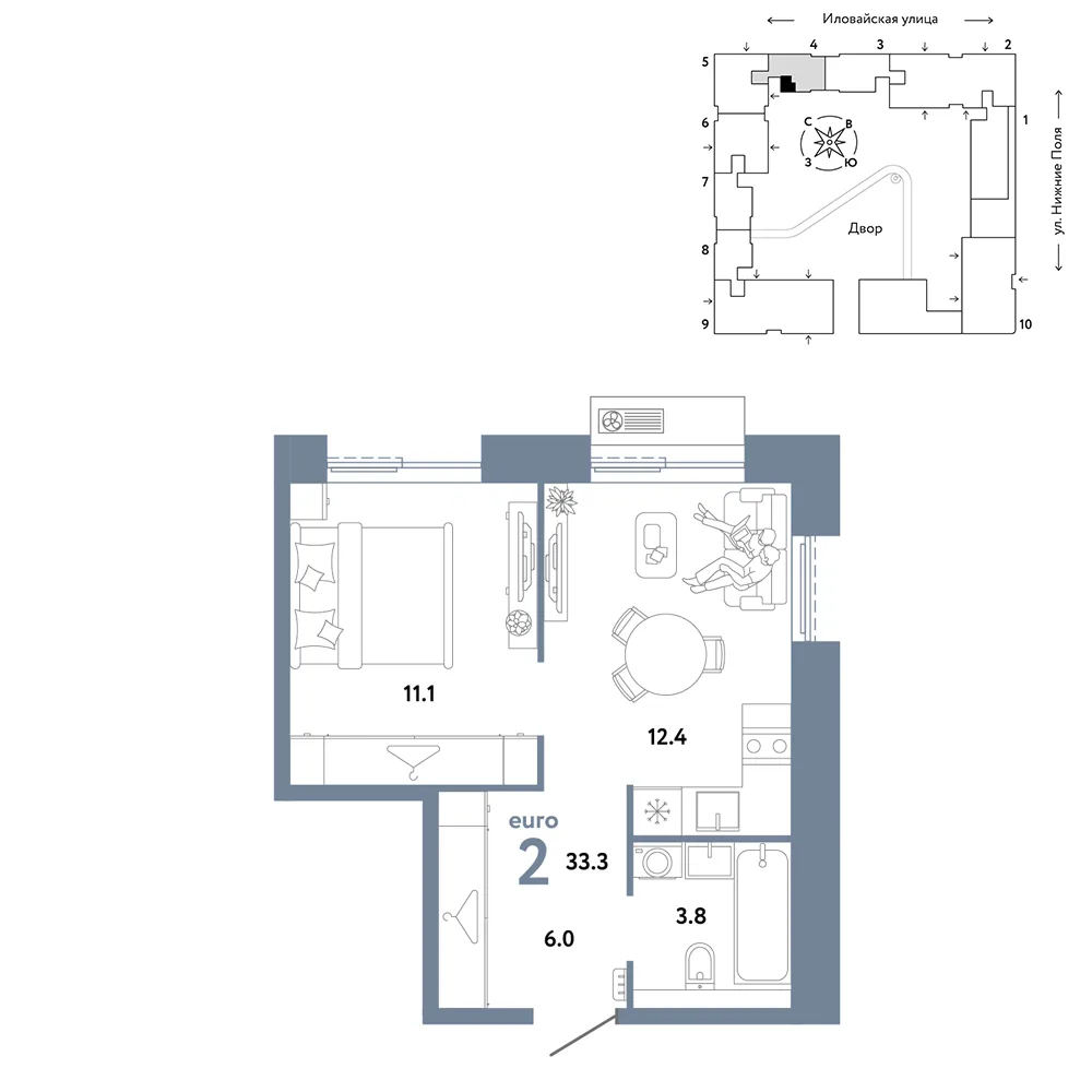 Планировка 2-комн. квартира, 33.3 м² ЖК «Страна.Заречная»