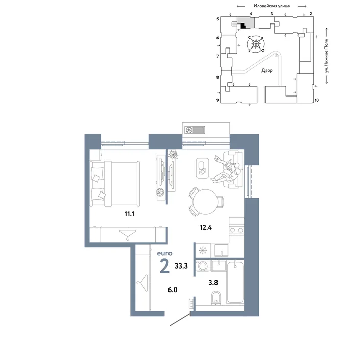 Планировка 2-комн. квартира, 33.3 м² ЖК «Страна.Заречная» Планировка 2-комн. квартира, 33.3 м² ЖК «Страна.Заречная»