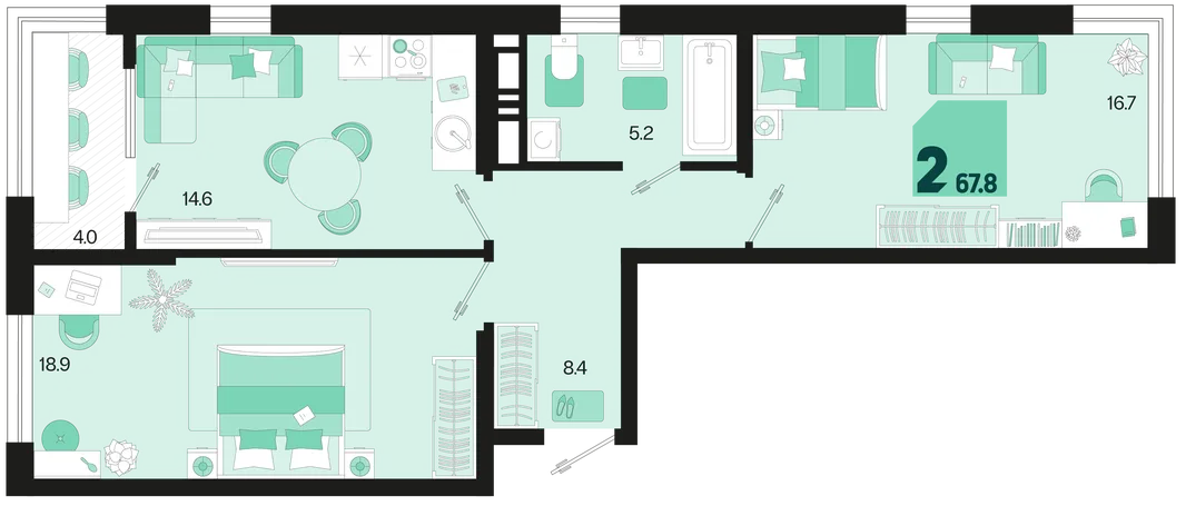 Планировка 2-комн. квартира, 67.8 м² ЖК «Первое место»