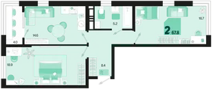 Планировка 2-комн. квартира, 67.8 м² ЖК «Первое место»