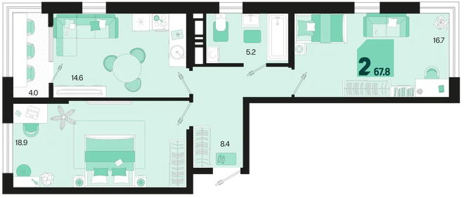 Планировка 2-комн. квартира, 67.8 м² ЖК «Первое место» Планировка 2-комн. квартира, 67.8 м² ЖК «Первое место»