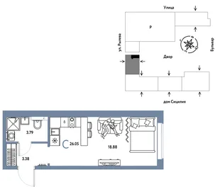 Планировка Студия, 26.05 м² ЖК «Остров-сад»