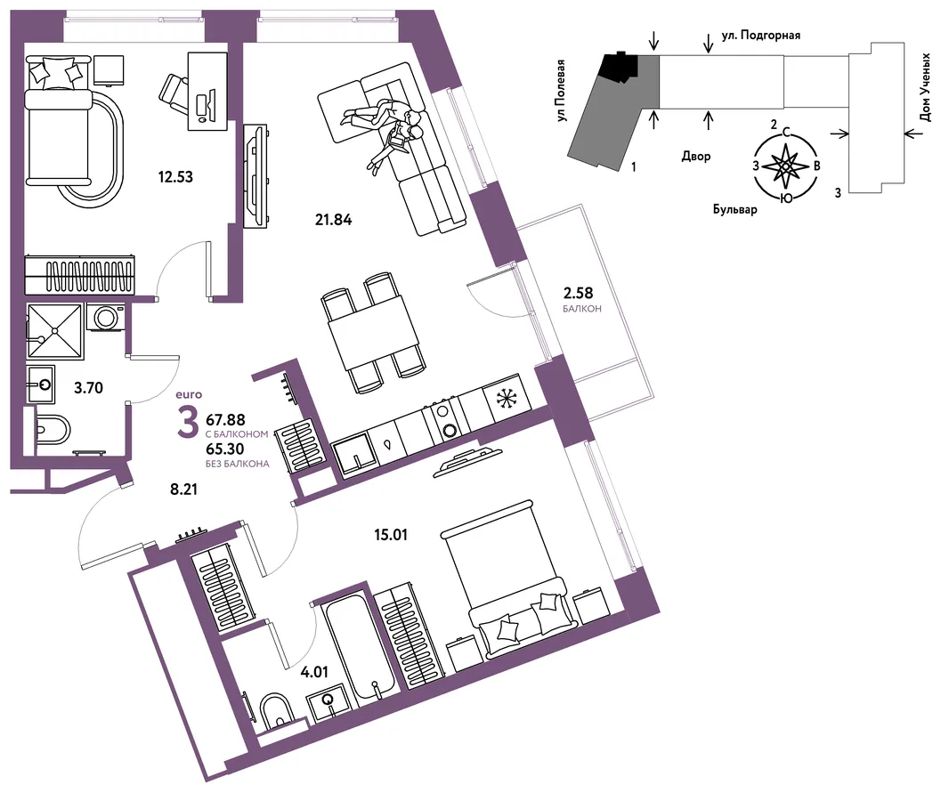 Планировка 3-комн. квартира, 68.05 м² ЖК «Авторский»
