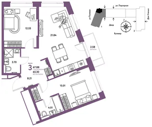 Планировка 3-комн. квартира, 68.05 м² ЖК «Авторский»
