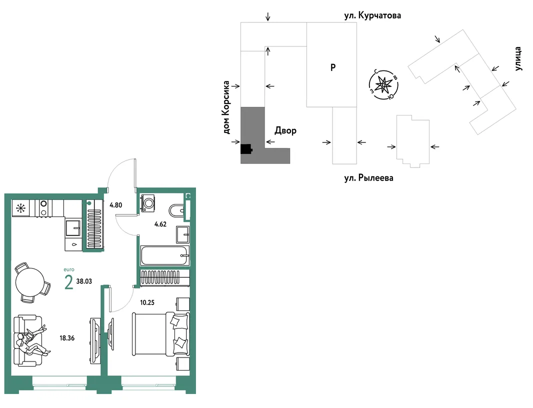 Планировка 2-комн. квартира, 38.03 м² ЖК «Остров-сад»