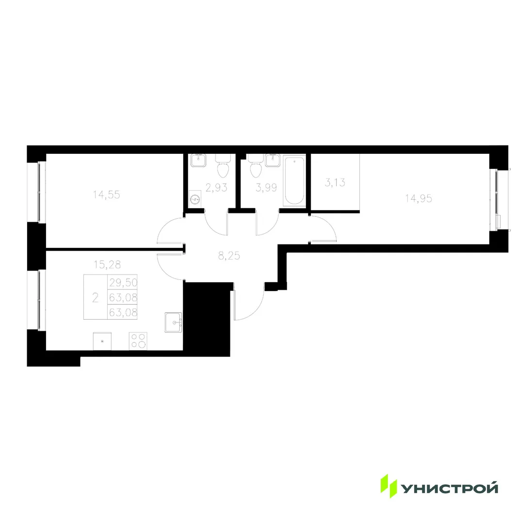 Планировка 2-комн. квартира, 63.08 м² ЖК «Statum»