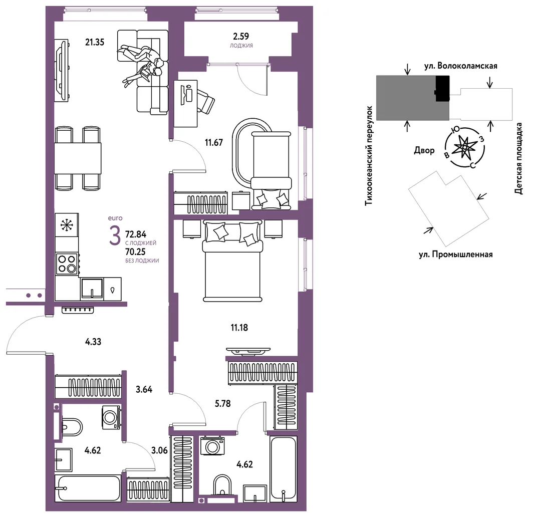 Планировка 3-комн. квартира, 72.84 м² ЖК «Страна Прибрежная»