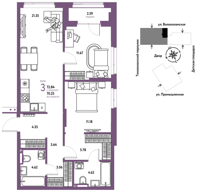 Планировка 3-комн. квартира, 72.84 м² ЖК «Страна Прибрежная» Планировка 3-комн. квартира, 72.84 м² ЖК «Страна Прибрежная»