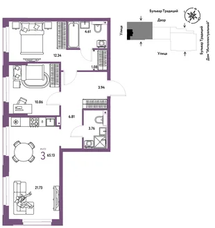 Планировка 3-комн. квартира, 65.13 м² ЖК «Микрорайон Домашний»