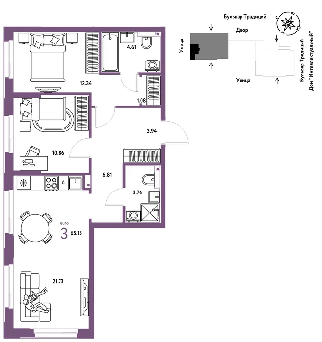 Планировка 3-комн. квартира, 65.13 м² ЖК «Микрорайон Домашний» Планировка 3-комн. квартира, 65.13 м² ЖК «Микрорайон Домашний»