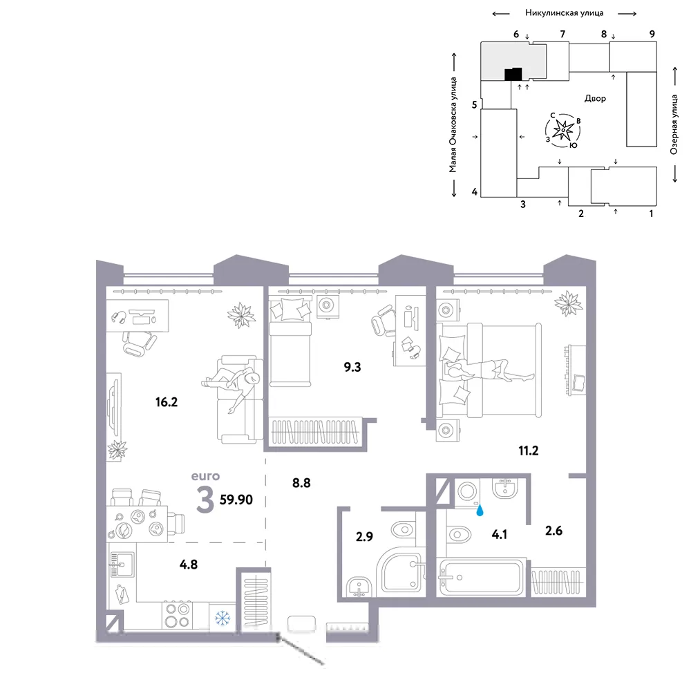 Планировка 3-комн. квартира, 59.9 м² ЖК «Страна.Озёрная»