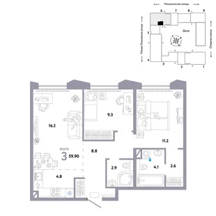 Планировка 3-комн. квартира, 59.9 м² ЖК «Страна.Озёрная»