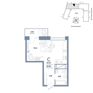 Планировка Студия, 32.31 м² ЖК «Микрорайон Домашний»