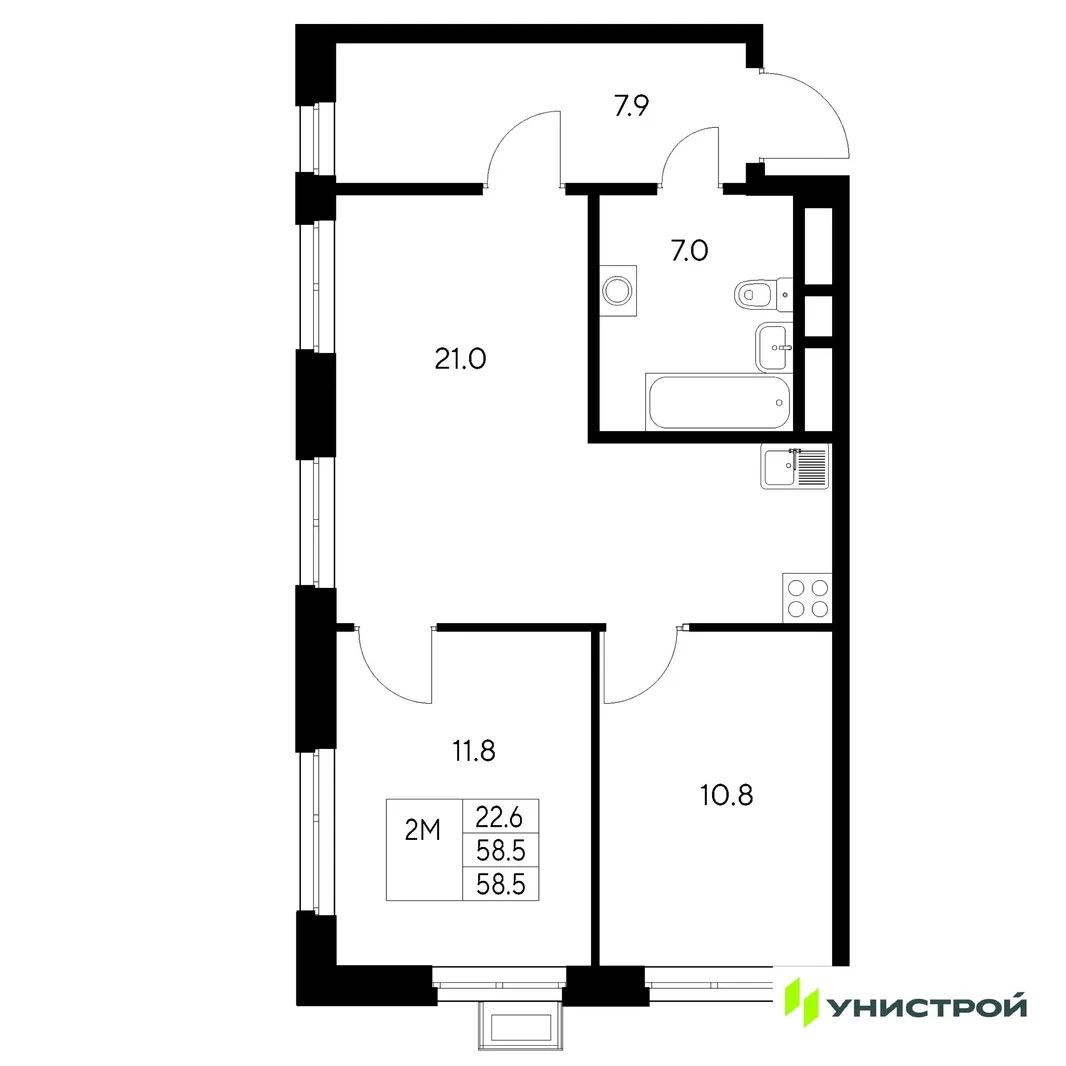 Планировка 2-комн. квартира, 58.5 м² ЖК «Стадиум»