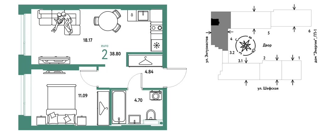Планировка 2-комн. квартира, 38.8 м² ЖК «Страна.Энтузиастов»