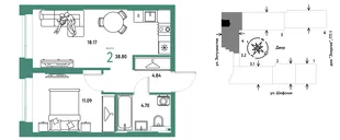 Планировка 2-комн. квартира, 38.8 м² ЖК «Страна.Энтузиастов»