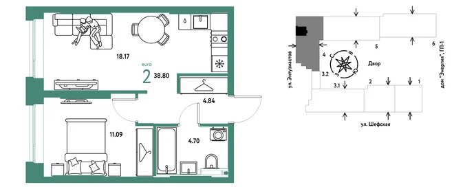 Планировка 2-комн. квартира, 38.8 м² ЖК «Страна.Энтузиастов» Планировка 2-комн. квартира, 38.8 м² ЖК «Страна.Энтузиастов»
