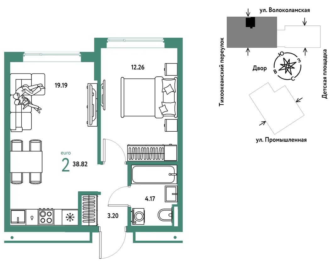 Планировка 2-комн. квартира, 38.82 м² ЖК «Страна Прибрежная»