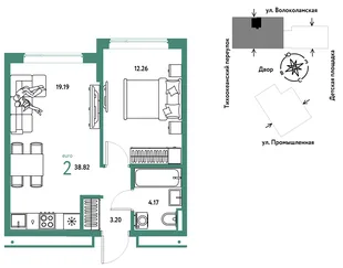 Планировка 2-комн. квартира, 38.82 м² ЖК «Страна Прибрежная»