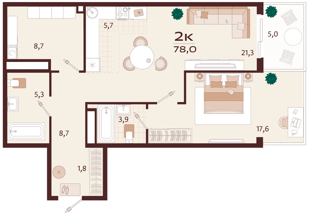 Планировка 2-комн. квартира, 78 м² ЖК «Роялта»