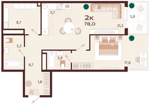 Планировка 2-комн. квартира, 78 м² ЖК «Роялта»