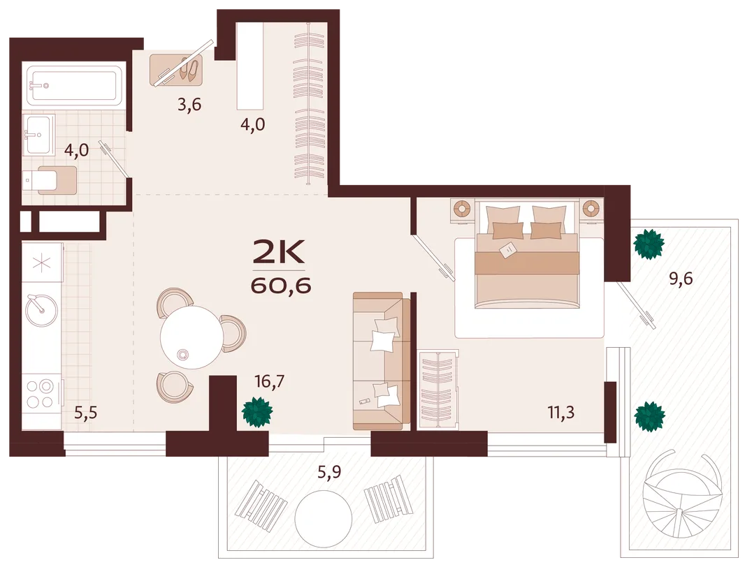 Планировка 2-комн. квартира, 60.6 м² ЖК «Роялта»