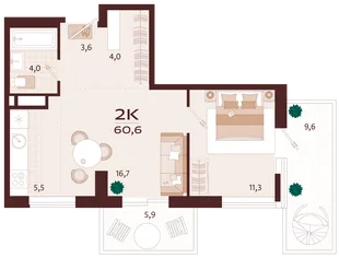 Планировка 2-комн. квартира, 60.6 м² ЖК «Роялта»