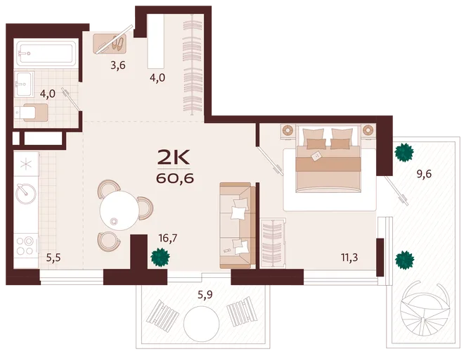 Планировка 2-комн. квартира, 60.6 м² ЖК «Роялта» Планировка 2-комн. квартира, 60.6 м² ЖК «Роялта»