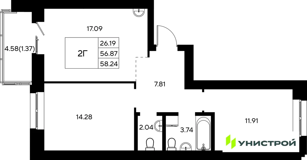 Планировка 2-комн. квартира, 58.24 м² ЖК «Царёво City»
