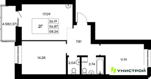 Планировка 2-комн. квартира, 58.24 м² ЖК «Царёво City»