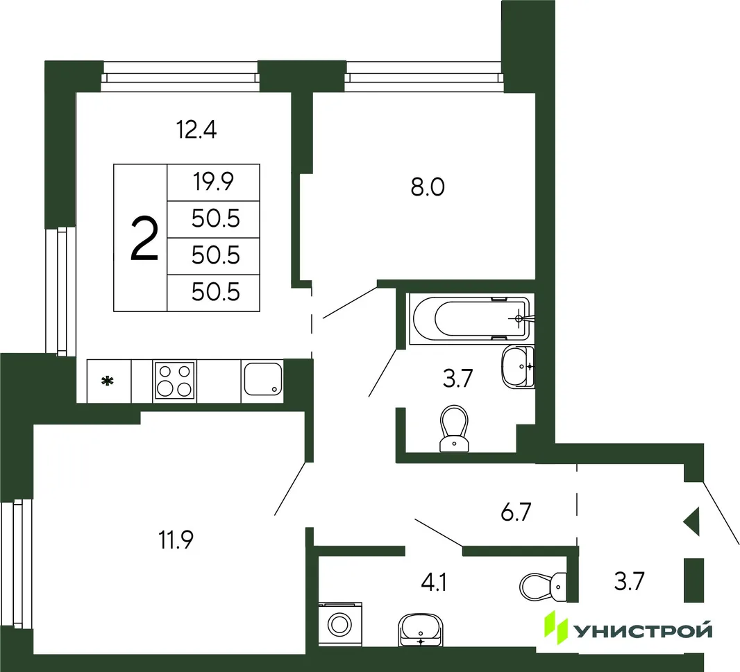 Планировка 2-комн. квартира, 50.5 м² ЖК «Парковый квартал 2.0»