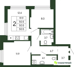 Планировка 2-комн. квартира, 50.5 м² ЖК «Парковый квартал 2.0»