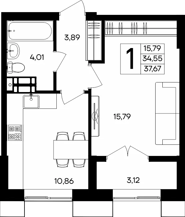 Планировка 1-комн. квартира, 37.67 м² ЖК «Семисчастье»