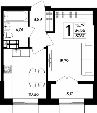 Планировка 1-комн. квартира, 37.67 м² ЖК «Семисчастье»