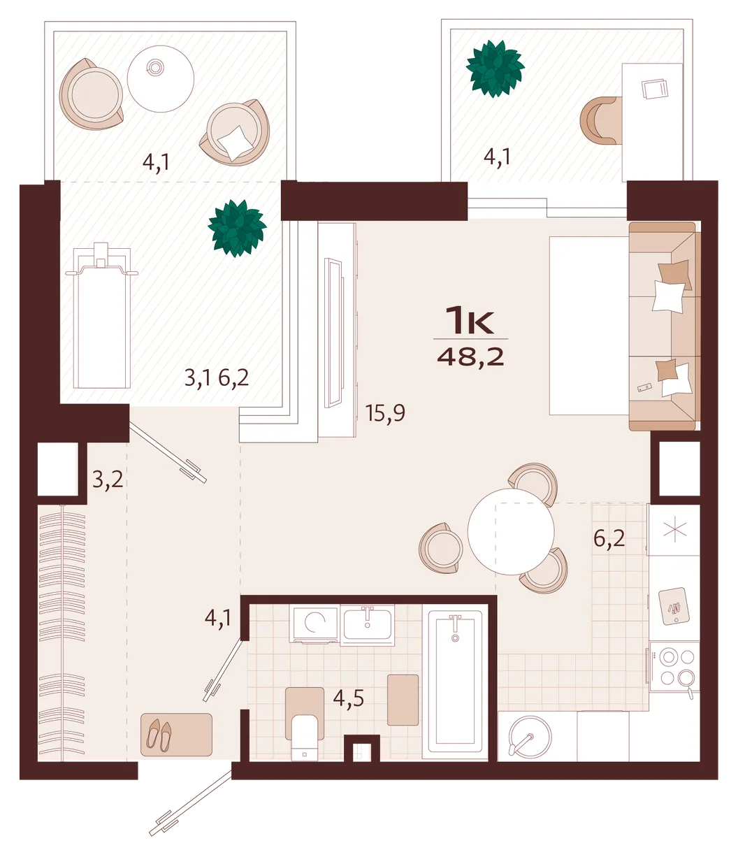 Планировка 1-комн. квартира, 48.3 м² ЖК «Роялта»