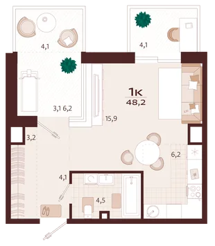 Планировка 1-комн. квартира, 48.3 м² ЖК «Роялта»