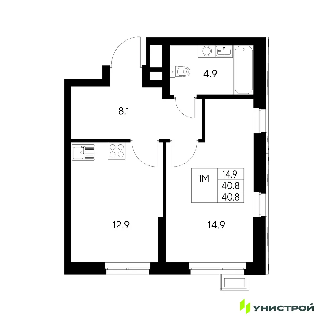 Планировка 1-комн. квартира, 40.8 м² ЖК «Стадиум»