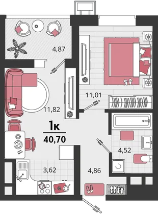 Планировка 2-комн. квартира, 40.7 м² ЖК «Родные просторы»