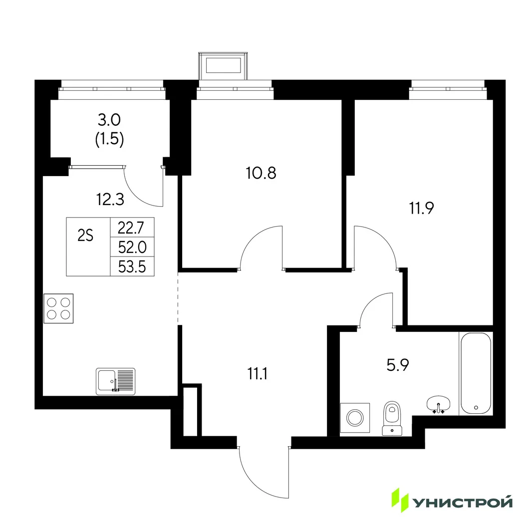 Планировка 2-комн. квартира, 53.5 м² ЖК «Стадиум»