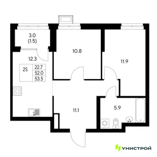 Планировка 2-комн. квартира, 53.5 м² ЖК «Стадиум»