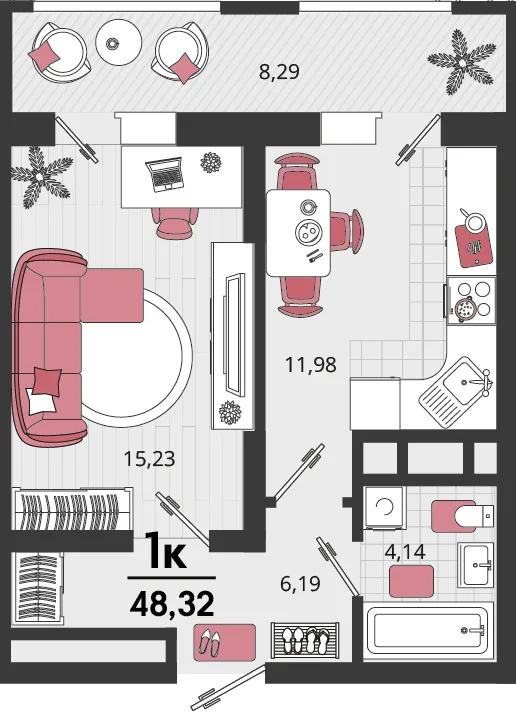 Планировка 1-комн. квартира, 45.83 м² ЖК «Родные просторы»