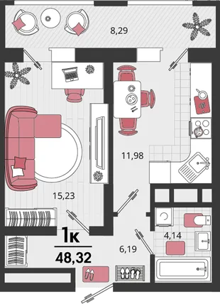 Планировка 1-комн. квартира, 45.83 м² ЖК «Родные просторы»