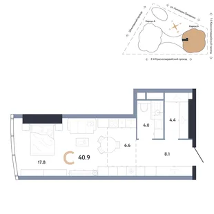 Планировка Студия, 40.9 м² ЖК «АУРУС Резиденции»