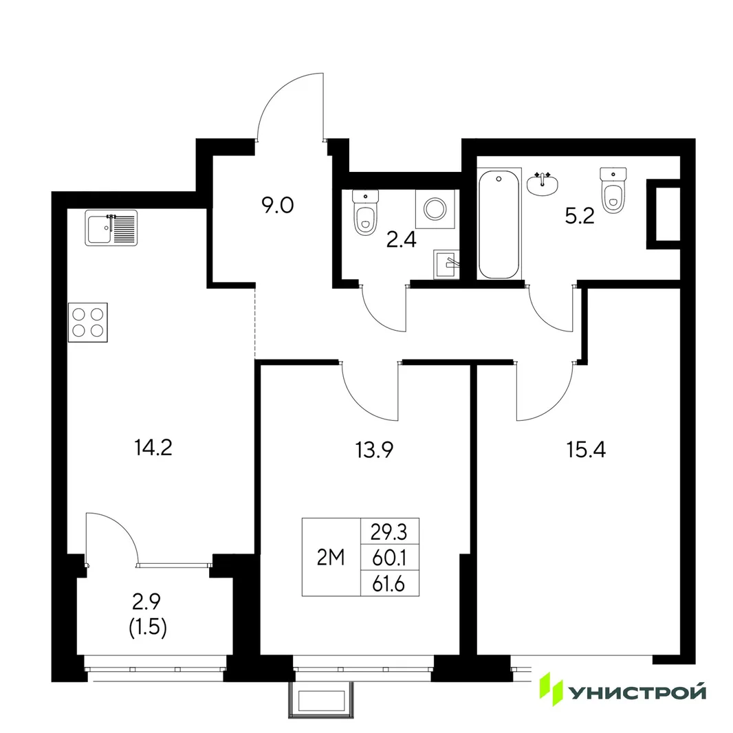 Планировка 2-комн. квартира, 61.6 м² ЖК «Стадиум»