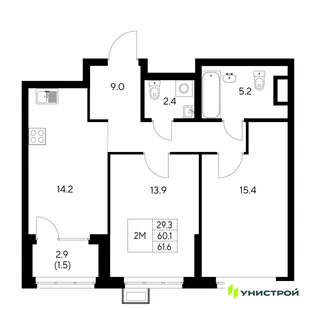 Планировка 2-комн. квартира, 61.6 м² ЖК «Стадиум»