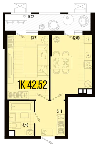Планировка 1-комн. квартира, 39.31 м² ЖК «Цветной бульвар»