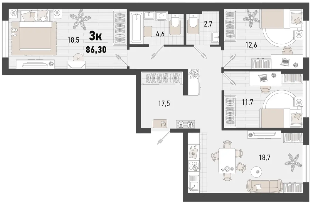 Планировка 3-комн. квартира, 86.3 м² ЖК «Барса»